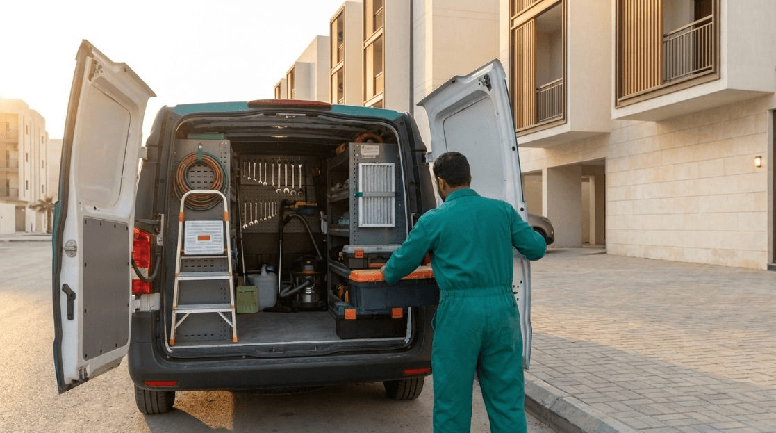 فنّيّ كريفر عند صندوق مركبته المجهّزة أمام مبنى سكني